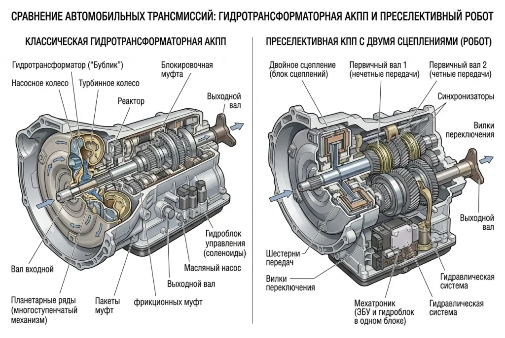 Схема сравнения классического автомата и роботизированной коробки передач