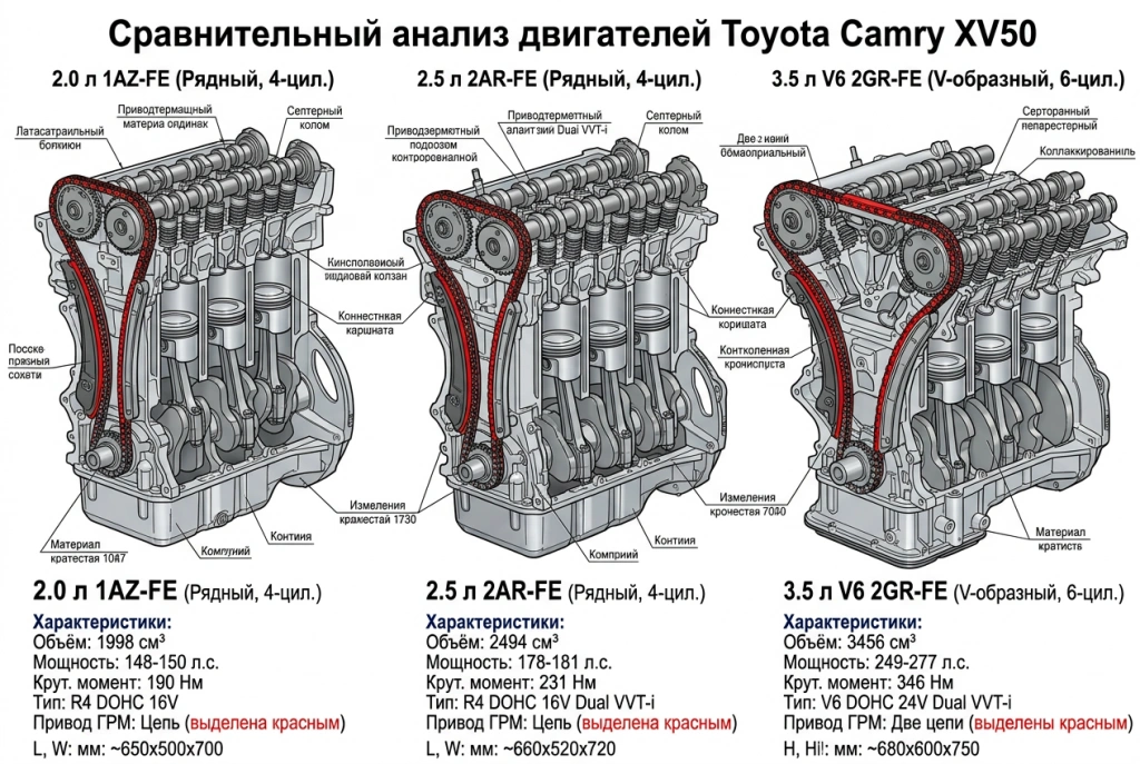 Линейка двигателей Toyota Camry XV50: 2.0, 2.5 и 3.5